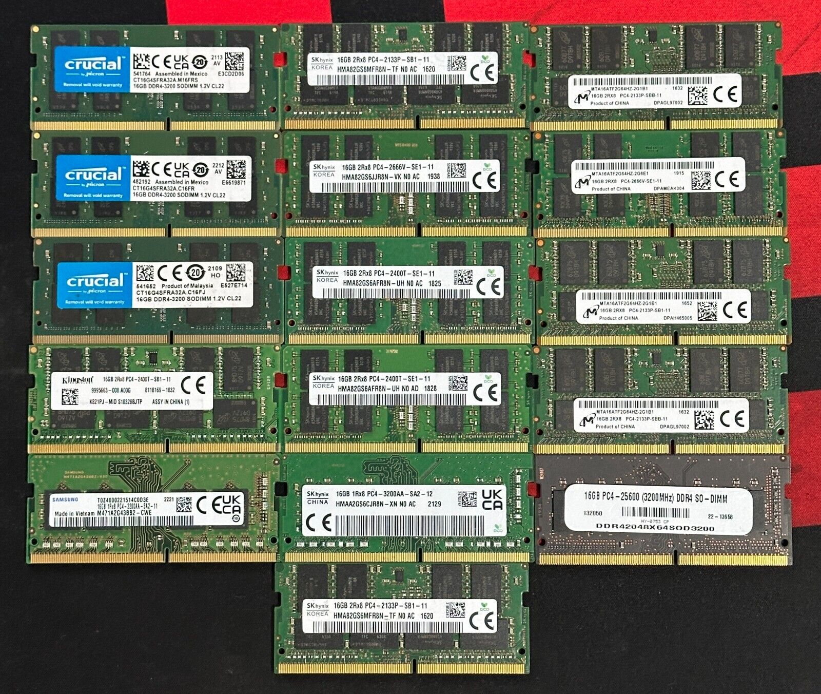 256 GIGABYTES  - LOT OF 16 LAPTOP MEMORY RAM MODULES 16GB EACH ALL BRANDS