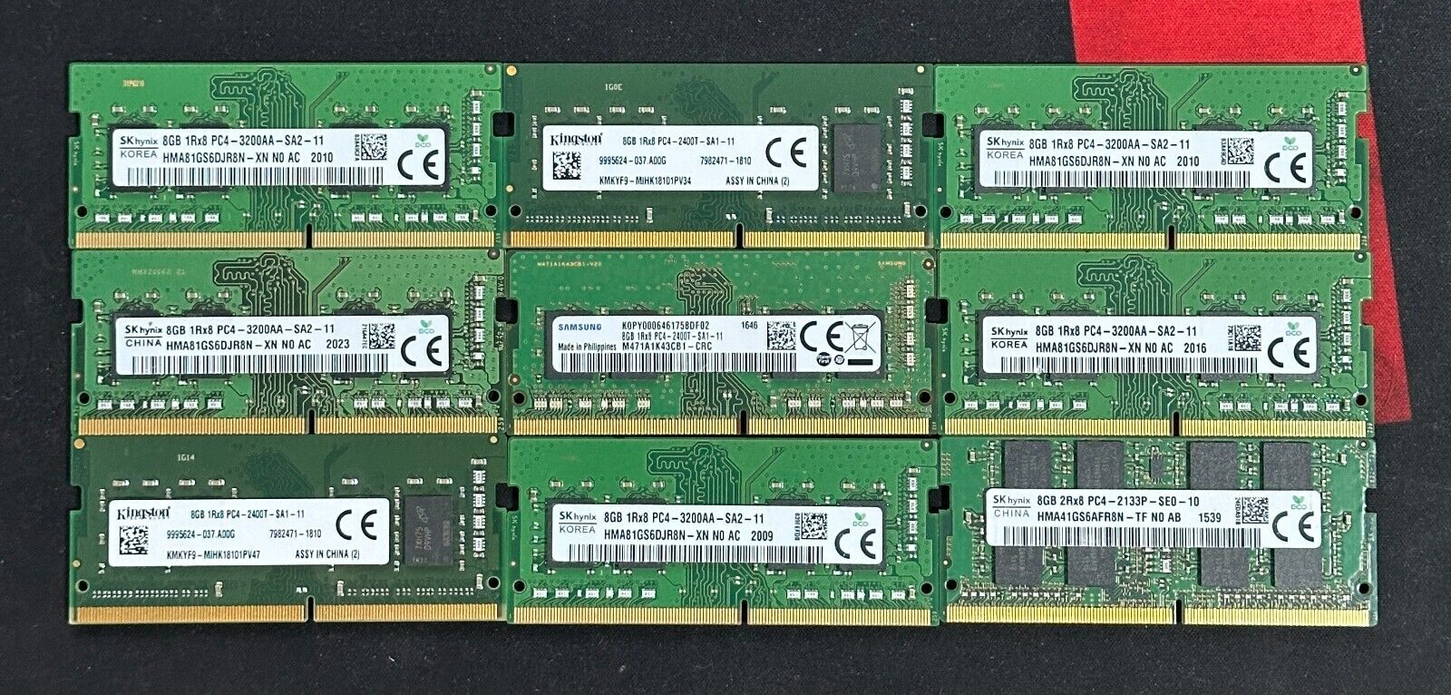72 GIGABYTES - LOT OF  9 LAPTOP MEMORY RAM MODULES 8GB EACH TOP BRANDS