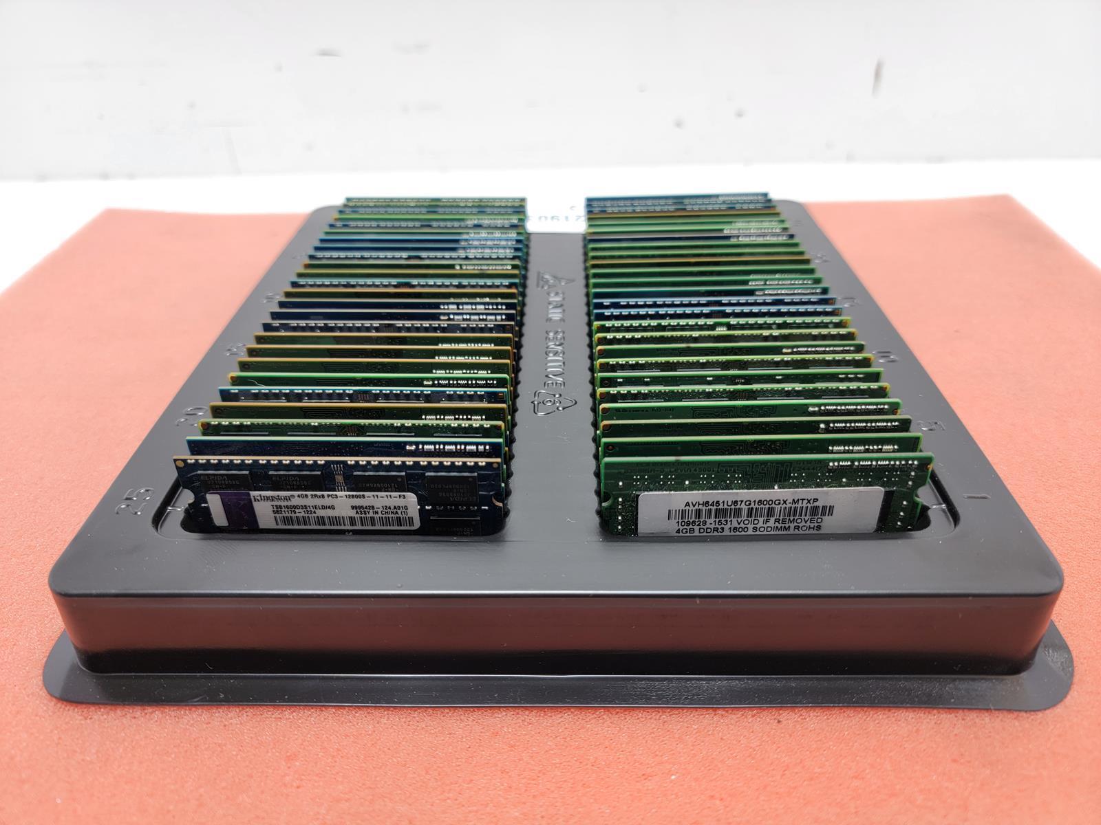 Lot of 50 4GB DDR3 SODIMM Laptop RAM Mixed Brand/Model/Speed/Ranking SKU 3827
