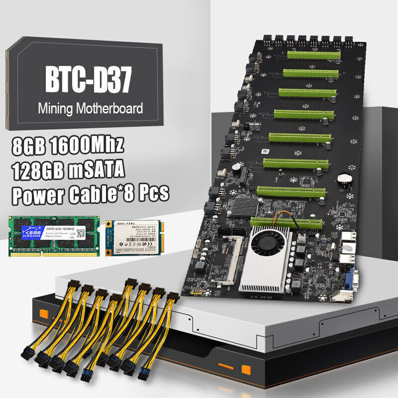 BTC-D37 Mining Motherboard Set 8 GPU with DDR3 8G RAM 128G SSD 8pcs Power Cable