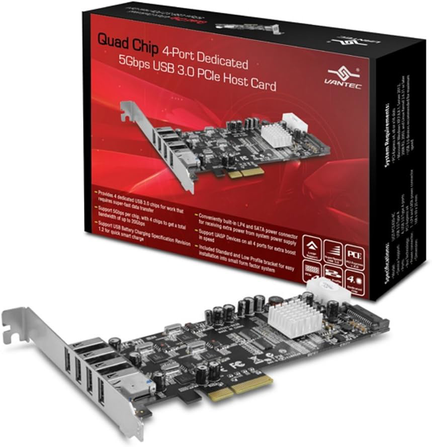Vantec Quad Chip 4-Port Dedicated 5Gbps USB 3.0 PCIe Host Card (UGT-PCE430-4C)