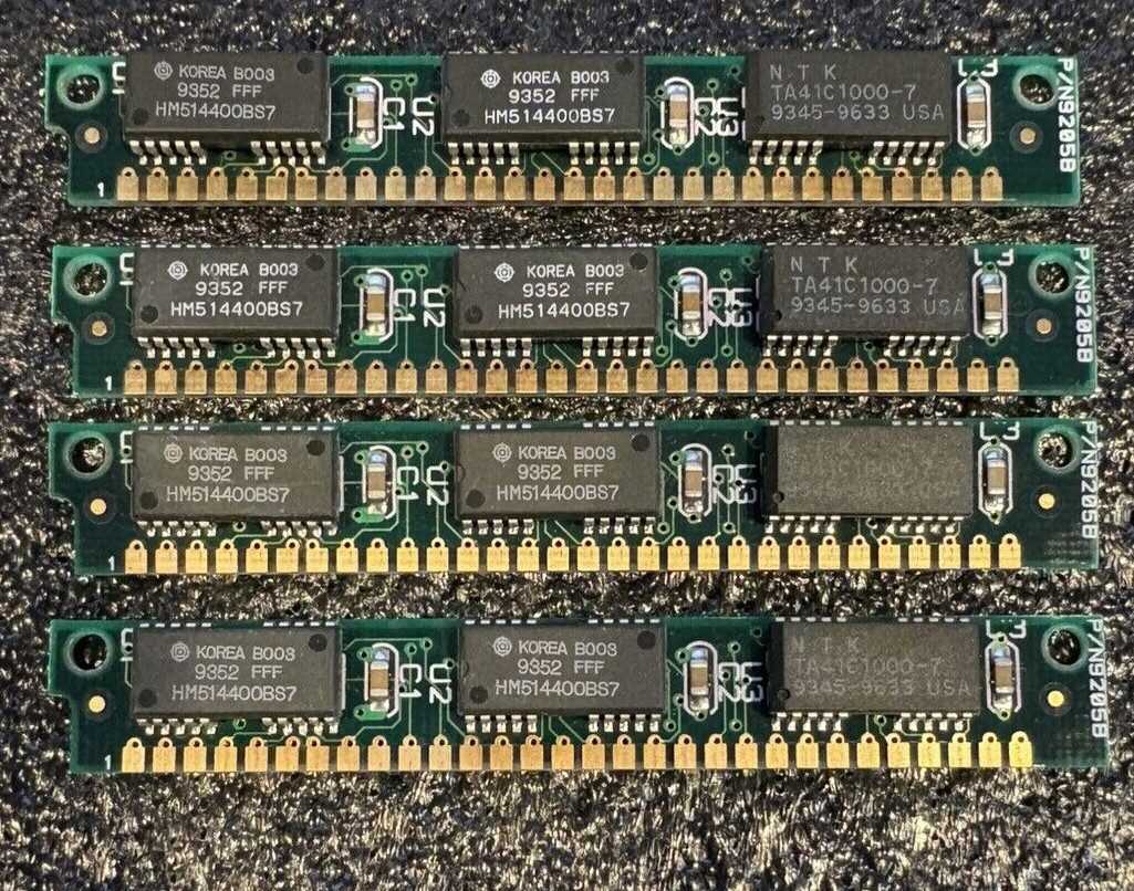 4x 1MB 30-Pin 3-Chip 70ns FPM SIMM Memory Module RAM 4MB Gold PC 286 386 4x 1MB 30-Pin 3-Chip 70ns FPM SIMM Memory Module RAM 4MB Gold PC 286 386
