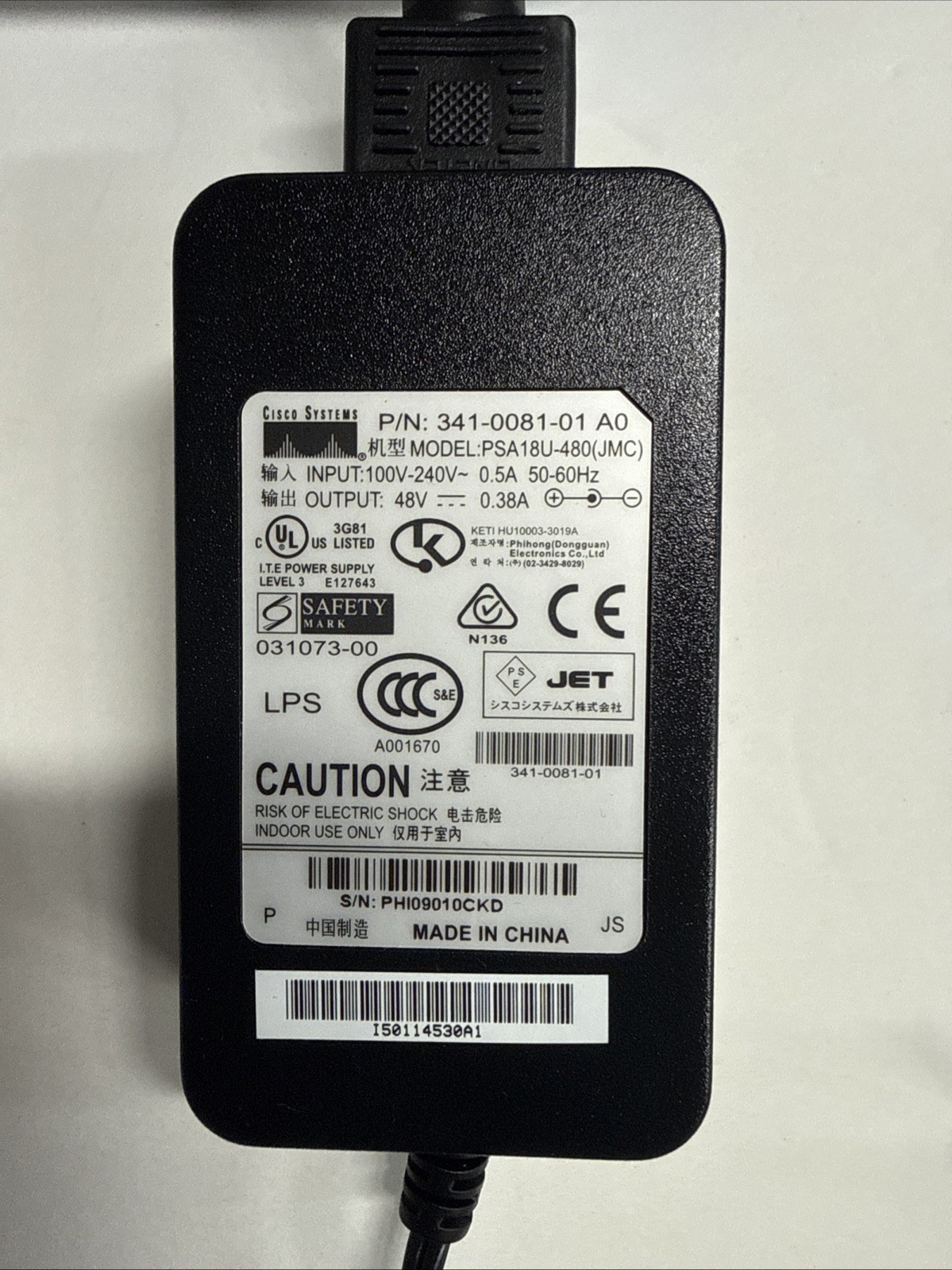 Lot of 10 Genuine CISCO SYSTEMS PSA18U-480 JMC 48V 0.38A power adapter Lot of 10 Genuine CISCO SYSTEMS PSA18U-480 JMC 48V 0.38A power adapter