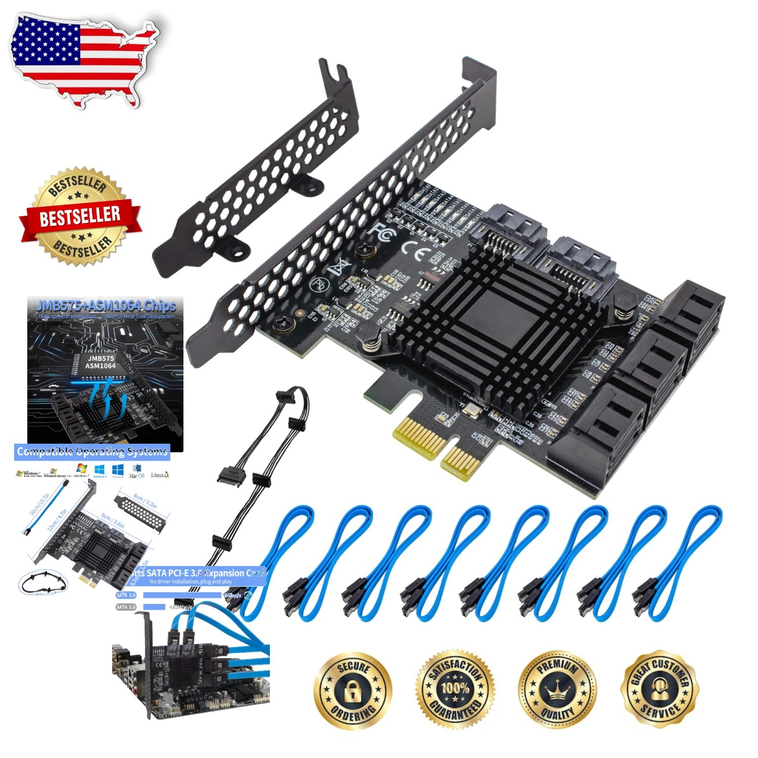 PCIe 8-Port SATA Controller Card 6Gbps | 128TB Expandable | Windows/MAC/Linux... PCIe 8-Port SATA Controller Card 6Gbps | 128TB Expandable | Windows/MAC/Linux...