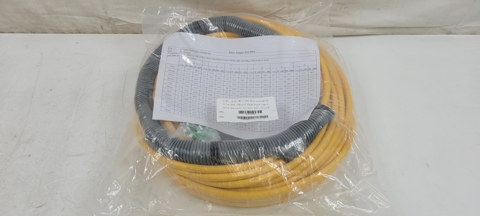 LC/APC FIBER CABLE SM 72 FIBER MICRO-DISTRIBUTION YELLOW OFNR, 30M BLUNT NEW
