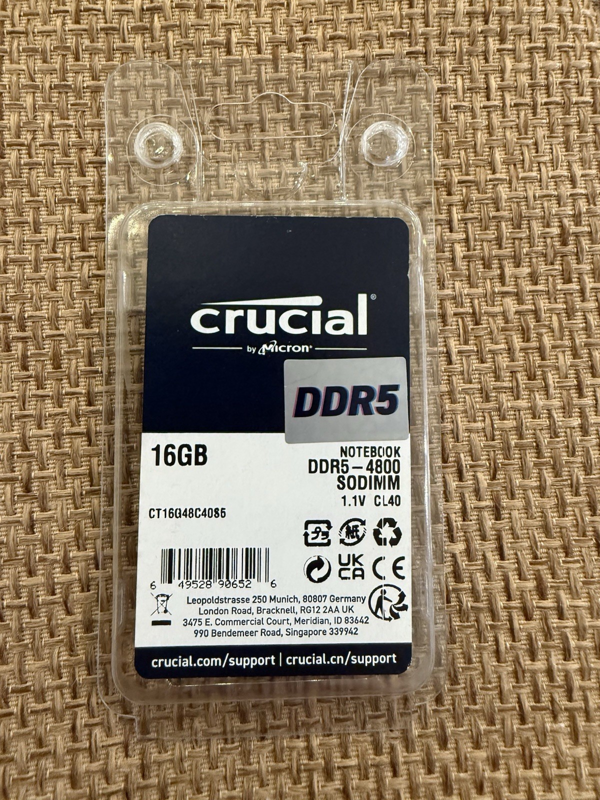 NIB Crucial DDR5 16GB 4800MHz SODIMM Laptop Memory CT16G48C40S5.M8A1