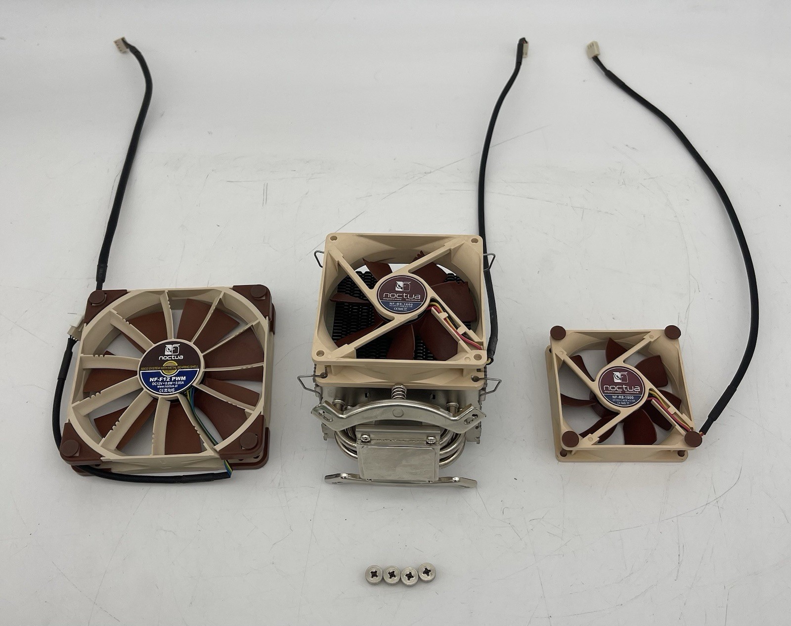 Lot of 3 Noctua Fans NF-R8-1800, NF-B9-1600, and NF-F12 PWM with 4 screws/bolts Lot of 3 Noctua Fans NF-R8-1800, NF-B9-1600, and NF-F12 PWM with 4 screws/bolts