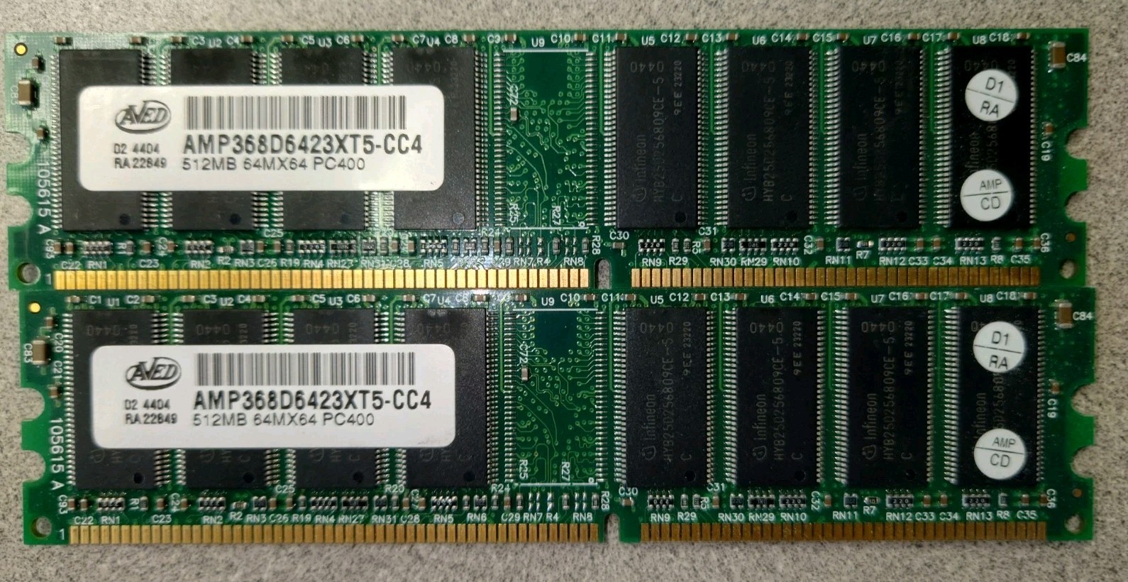 2X LOT - 512MB DDR PC400 400MHz RAM DESKTOP AMP368D6423XT5-CC4 Memory VINTAGE 2X LOT - 512MB DDR PC400 400MHz RAM DESKTOP AMP368D6423XT5-CC4 Memory VINTAGE