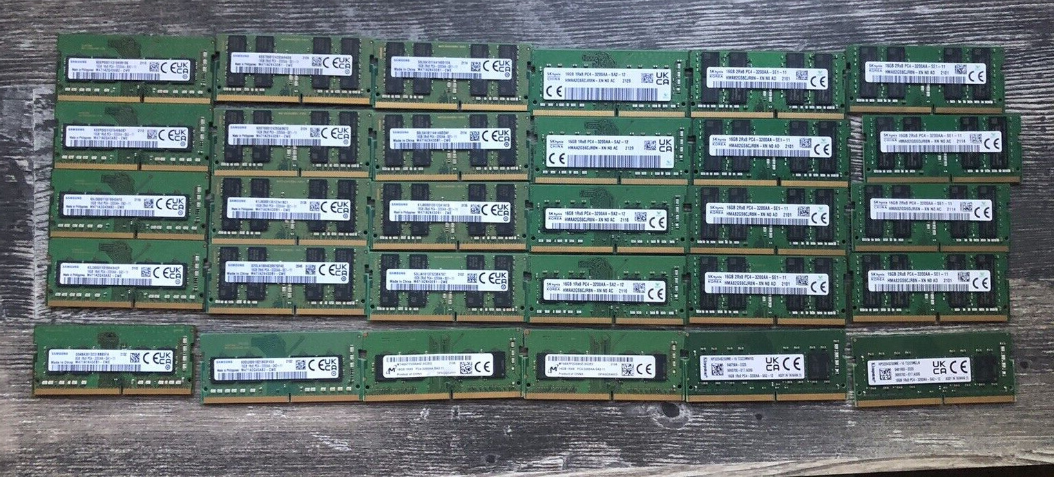Lot Of 30 PC4-3200AA Laptop Memory 16GB Samsung, micron, SK Hynix & Kingston