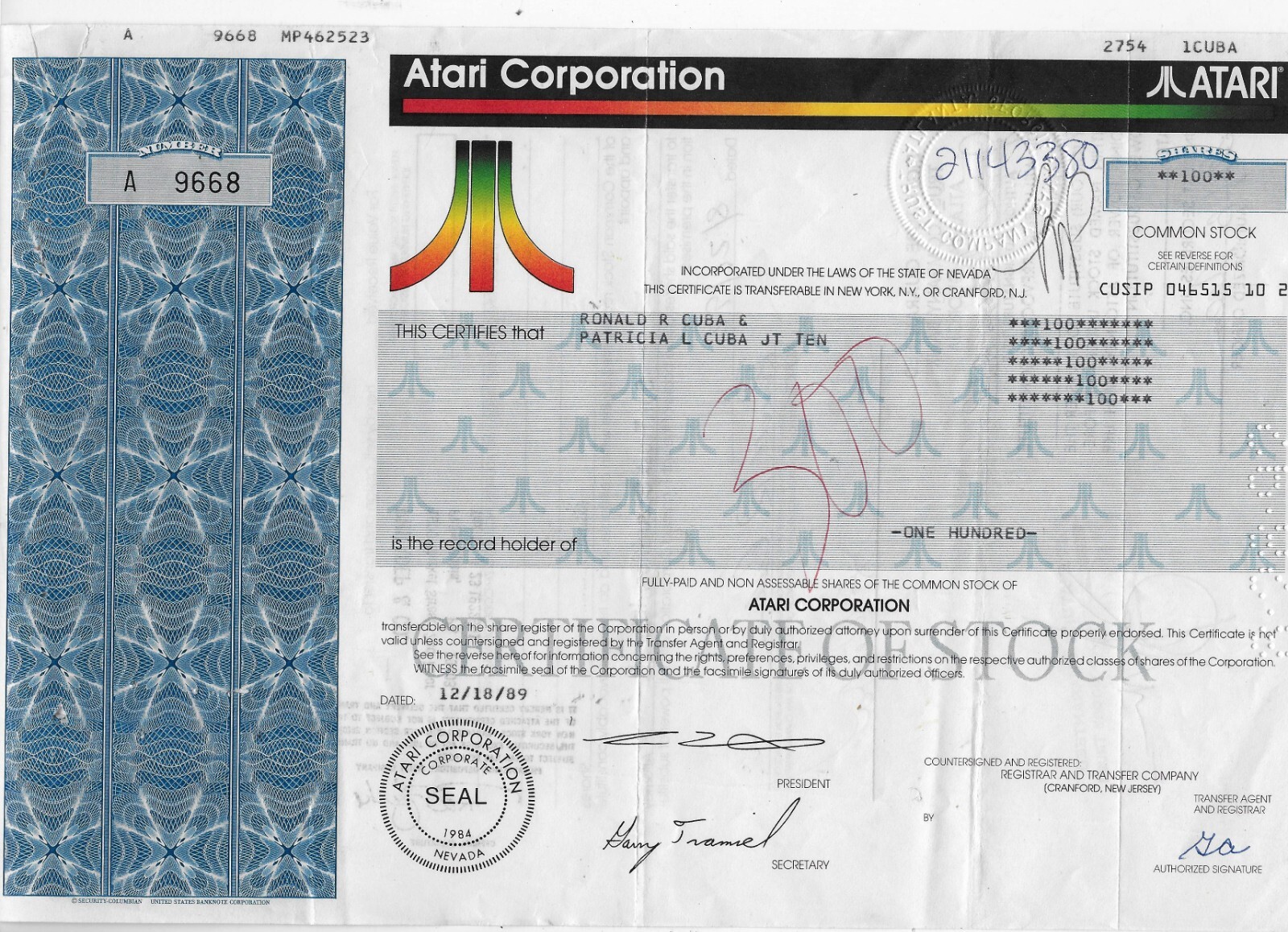 1986 1993 ATARI * *** ACTION SIGNED TRAMIEL FOUNDER OF THE COMMODORE *9