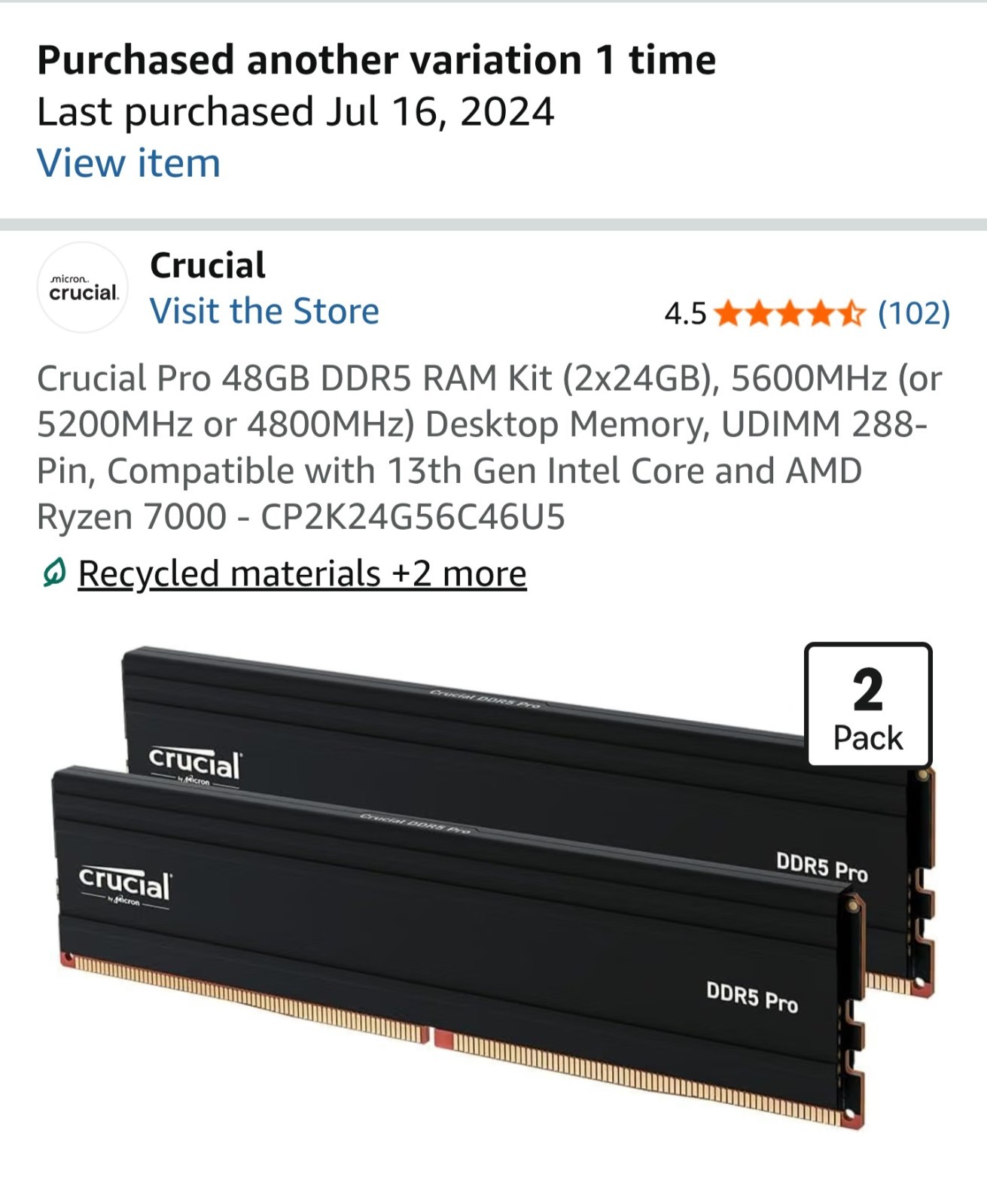 Crucial Pro 48GB (2x24GB) 5600 DDR5 UDIMM Desktop Memory Kit CP2K24G60C48U5