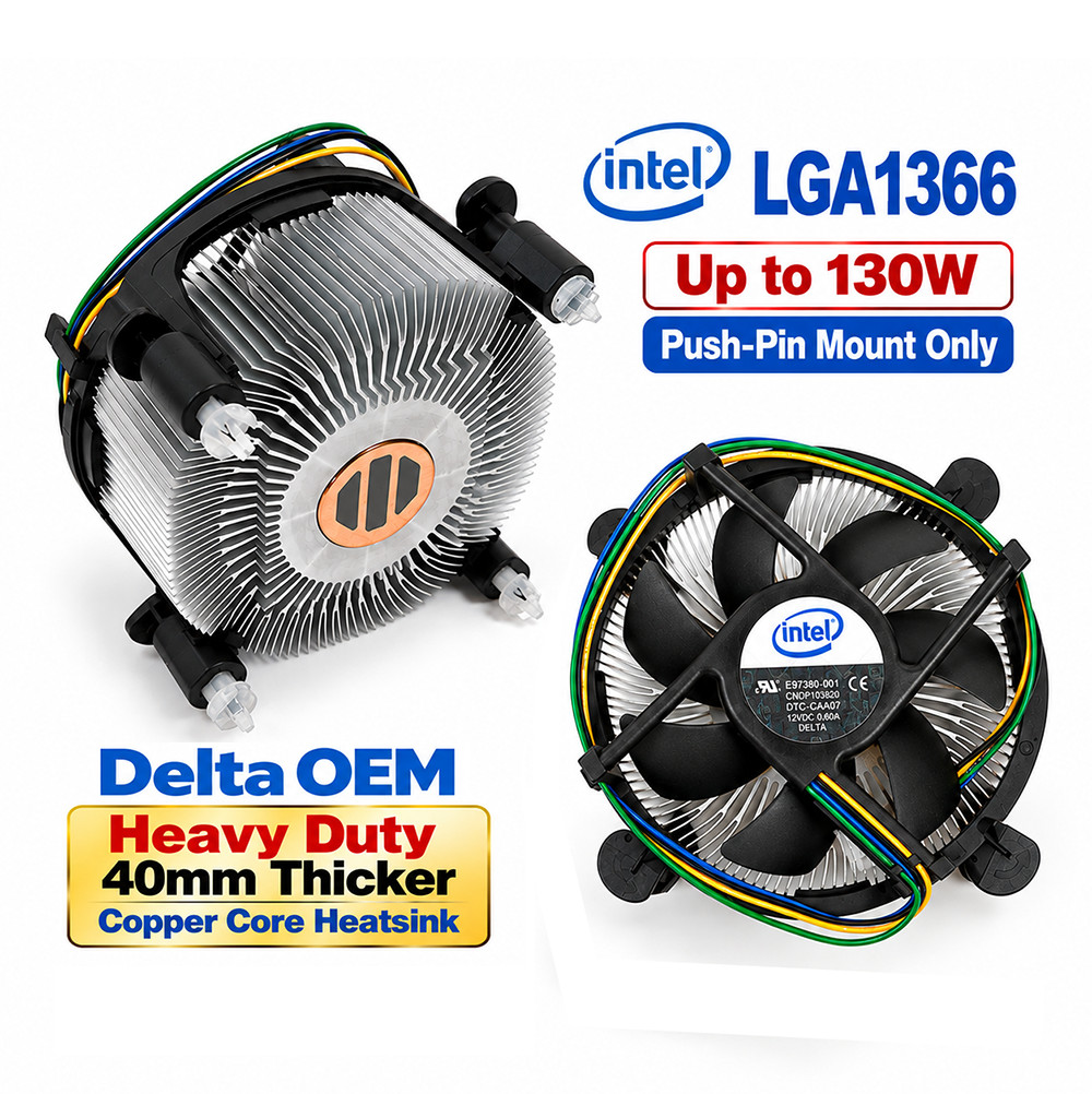 Intel LGA1366 CPU Cooler Delta OEM 130W Heavy Duty Copper Core Heatsink Push Pin