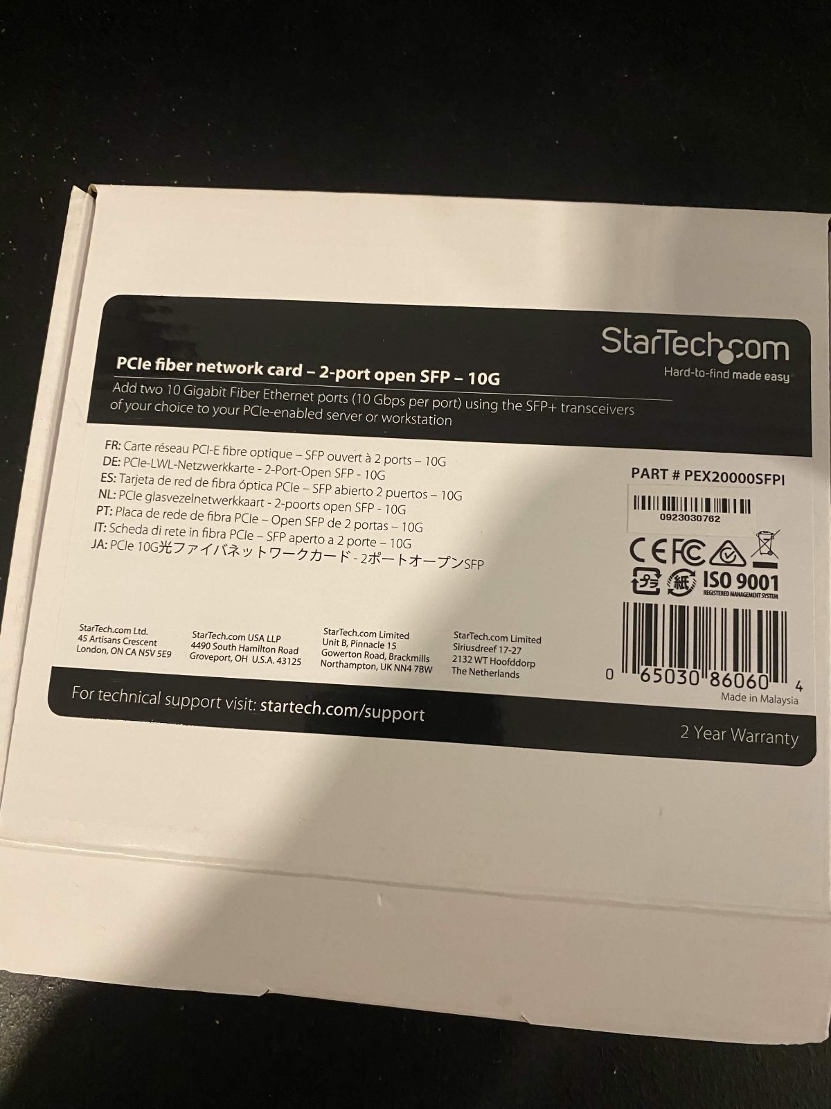 STARTECH.COM 10GB FIBER NETWORK CARD 2 PORT OPEN SFP PART #PEX20000SFPI STARTECH.COM 10GB FIBER NETWORK CARD 2 PORT OPEN SFP PART #PEX20000SFPI