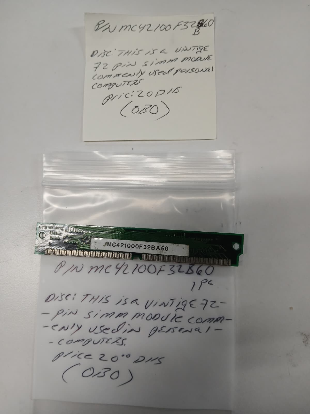Vintage 72-Pin SIMM Memory Module RAM MC421000F32BA60 60ns PC Retro Hardware
