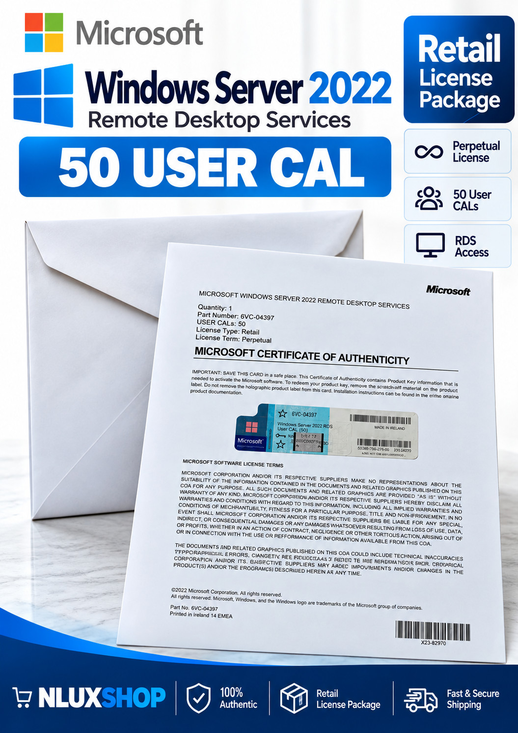 Windows Server 2022 Remote Desktop Services 50 User CAL RDS Retail Perpetual