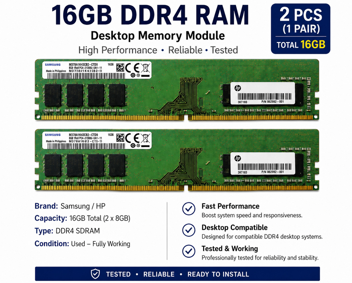 2x 8GB Samsung DDR4 2666MHz PC4-21300 1Rx8 Desktop RAM 16GB Kit M378A1K43CB2-CTD