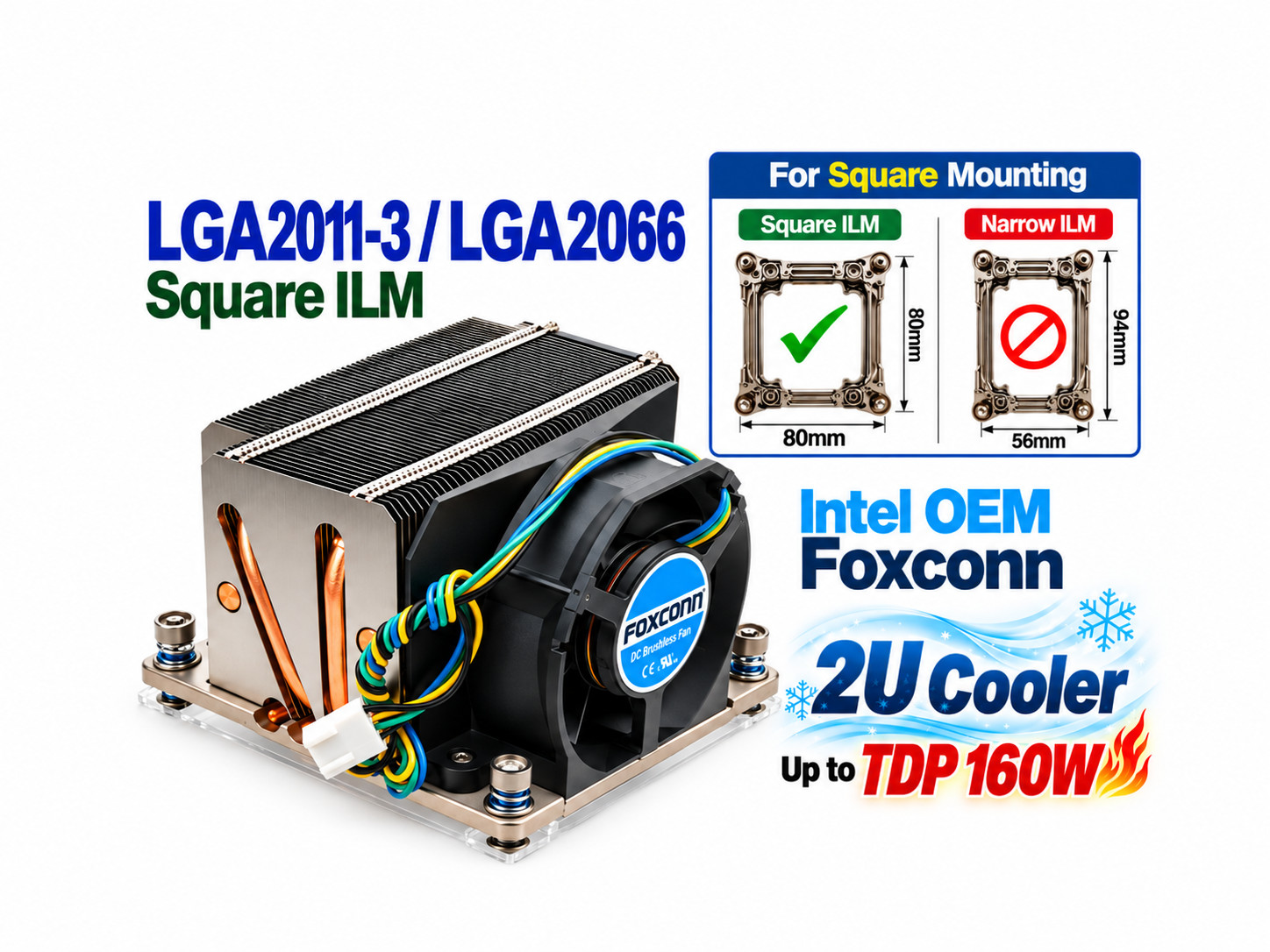 LGA2011-3 LGA2066 2U Cooler TDP 160W, Intel OEM Foxconn Square ILM
