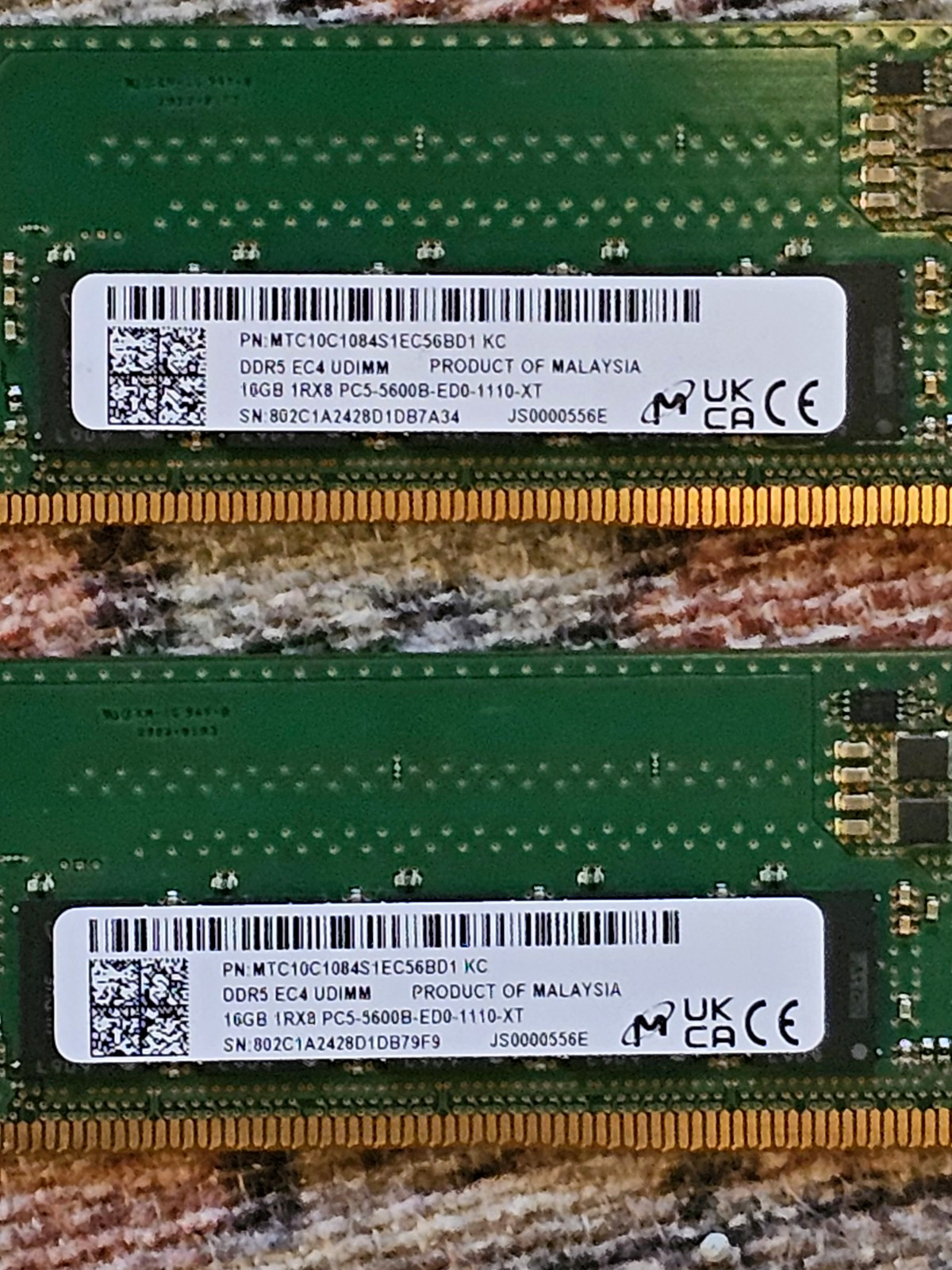 Lot of 2 16gb Micron DDR5 ECC UDIMM (2x16GB) PC5-5600B MTC10C1084S1EC56BD1