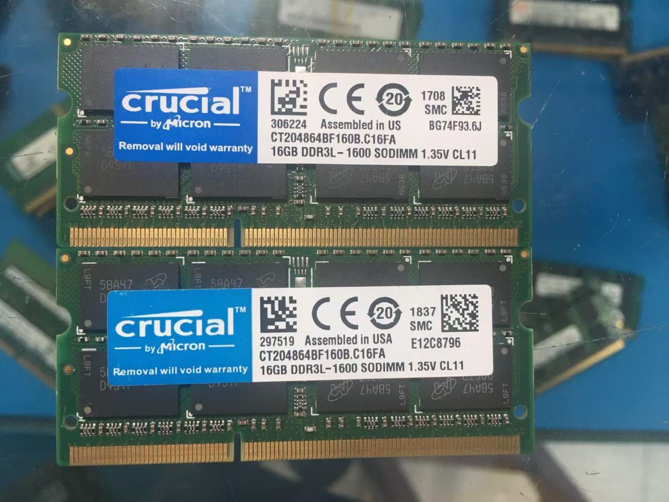 Crucial 2pcs 16GB 2RX8 PC3L-12800S DDR3-1600Mhz 1.35V Laptop SO-DIMM RAM Memory Crucial 2pcs 16GB 2RX8 PC3L-12800S DDR3-1600Mhz 1.35V Laptop SO-DIMM RAM Memory