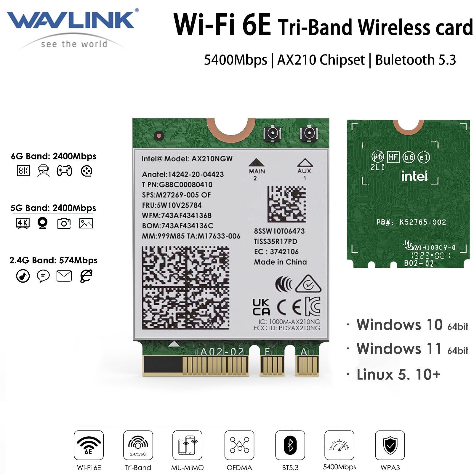 WiFi 6E Wireless Card For PC Intel AX210 Tri-Band AX5400 2.4GHz/5GHz/6GHz