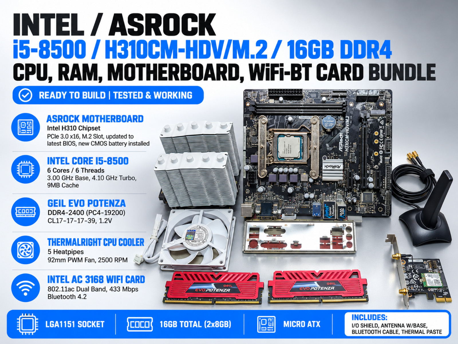 ASRock H310CM-HDV/M.2, i5-8500 CPU, 16GB DDR4 RAM, WiFi-BT Card & Cooler Bundle