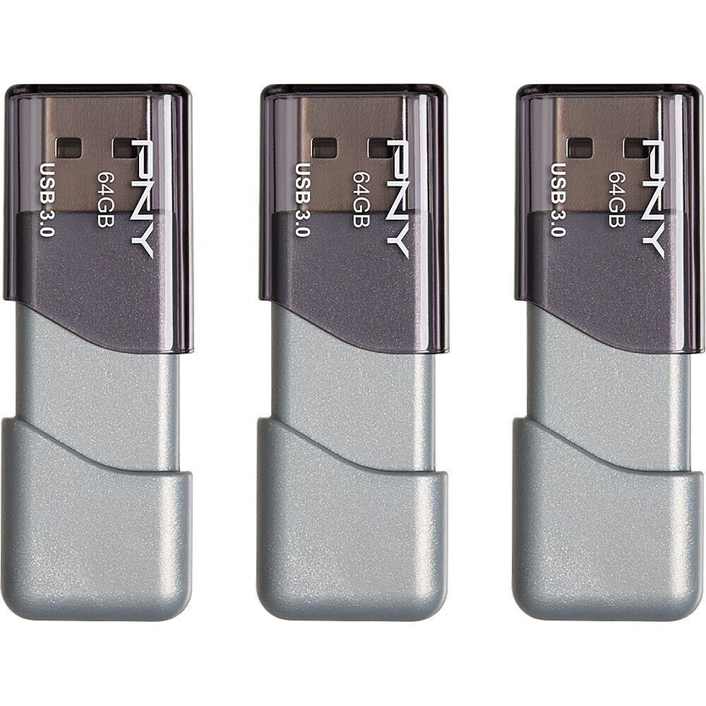 PNY - Turbo Attach 3 64GB USB 3.0 Type A Flash Drive, 3-Pack - Silver