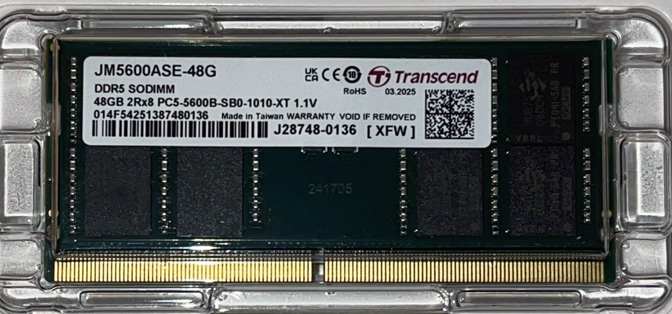 Transcend JetRam 48GB 5600MHz PC5-44800 Non-ECC Unbuffered Laptop DDR5 SODIMM Transcend JetRam 48GB 5600MHz PC5-44800 Non-ECC Unbuffered Laptop DDR5 SODIMM