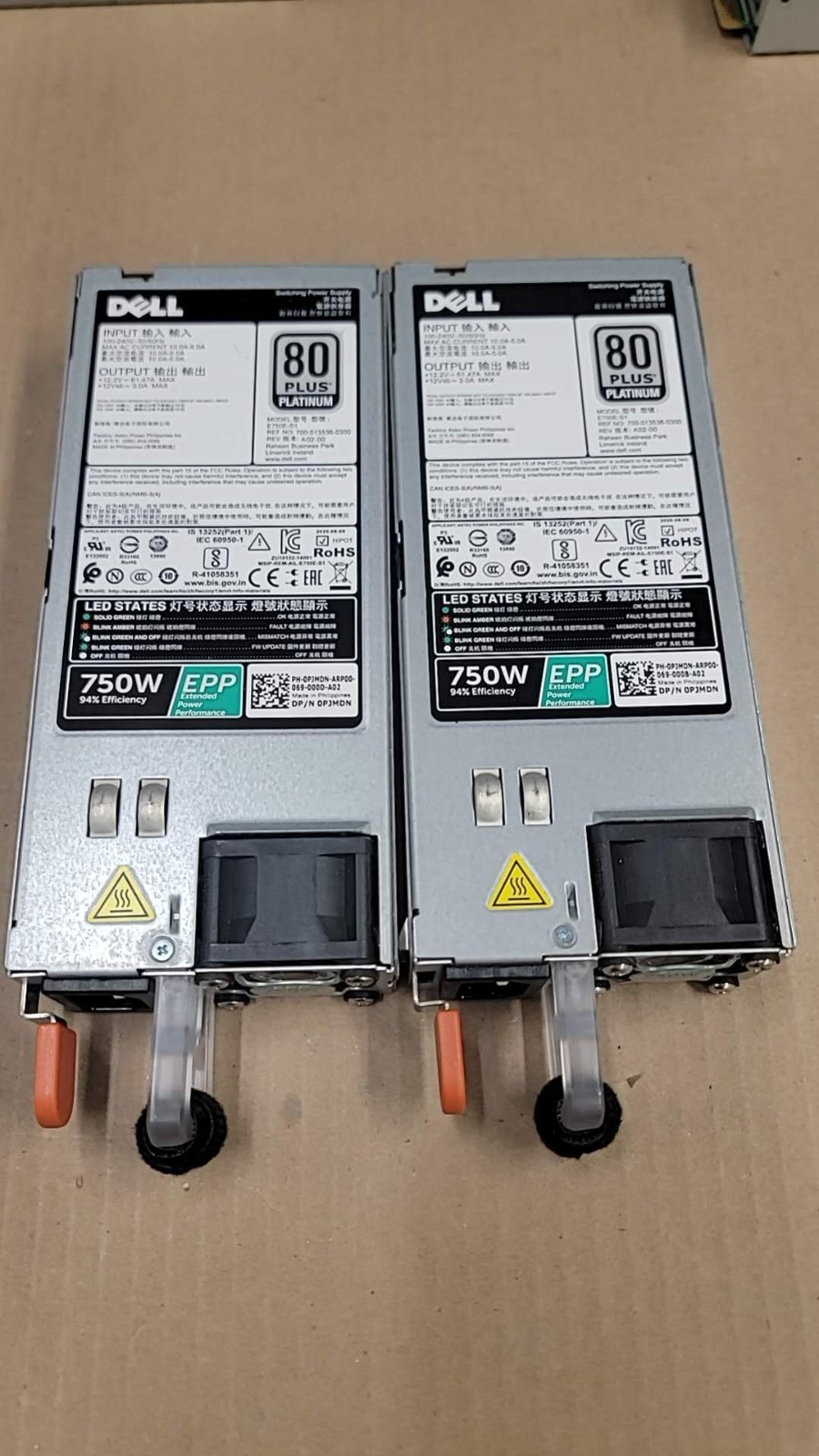 lot of  2 Dell 0PJMDN 750W 80+ Platinum EPP Power Supply for R630 R730 R640 R740
