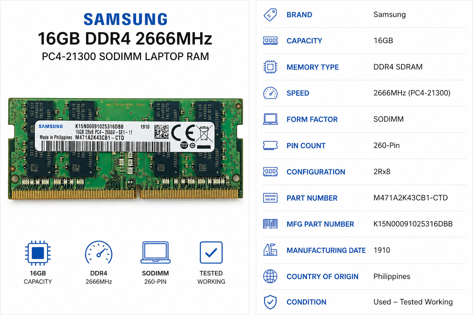 Samsung 16GB DDR4 2666MHz PC4-21300 SODIMM RAM M471A2K43CB1-CTD Tested Working Samsung 16GB DDR4 2666MHz PC4-21300 SODIMM RAM M471A2K43CB1-CTD Tested Working