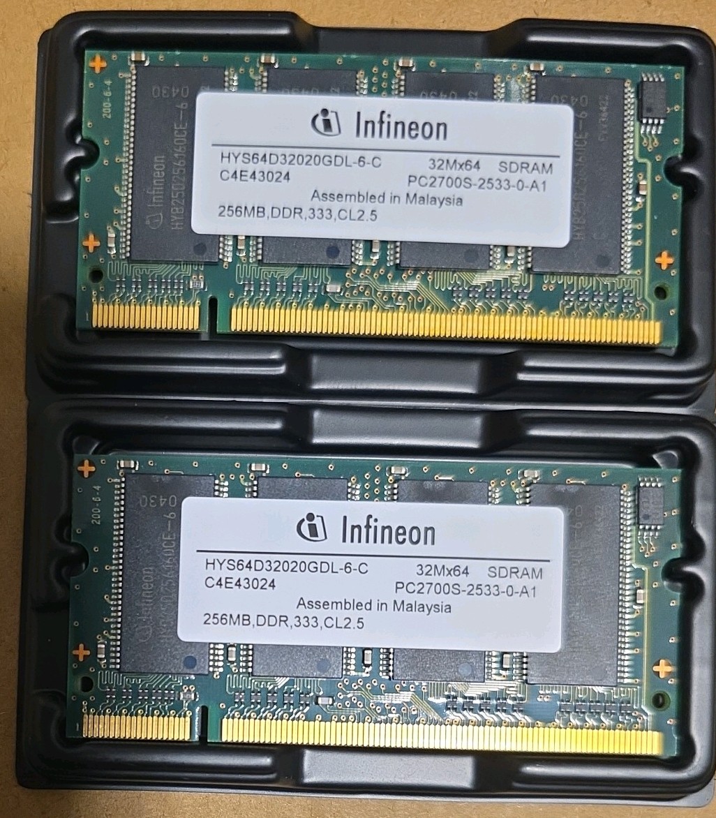 2X Infineon 256MB DDR 333 CL2.5 HYS64D32020GDL-6-C PC2700S-2533-0-A1 2X Infineon 256MB DDR 333 CL2.5 HYS64D32020GDL-6-C PC2700S-2533-0-A1