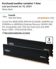 Crucial Pro 48GB (2x24GB) 5600 DDR5 UDIMM Desktop Memory Kit CP2K24G60C48U5 picture